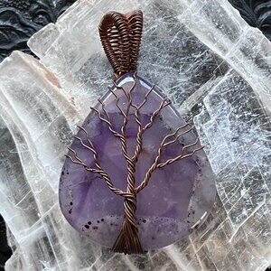 Copper Wire Wrapped Amethyst Tree Of Life Crystal Gemstone Jewelry Pendant
